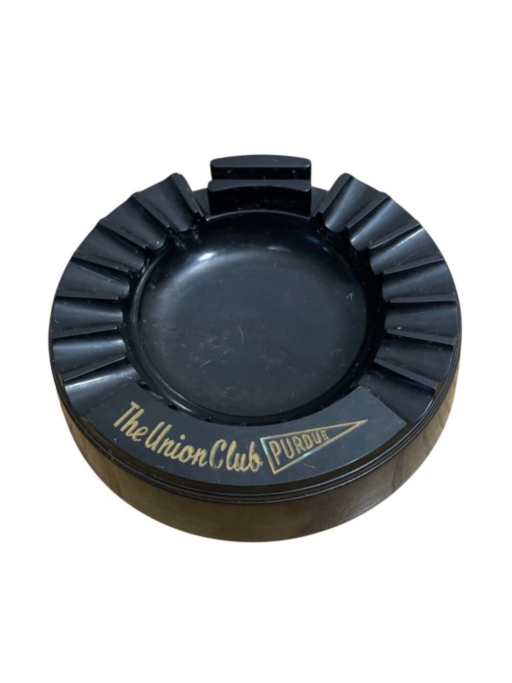 Vtg Daka-Ware Tops Bakelite Black Ashtray The Union Club Purdue University Hotel